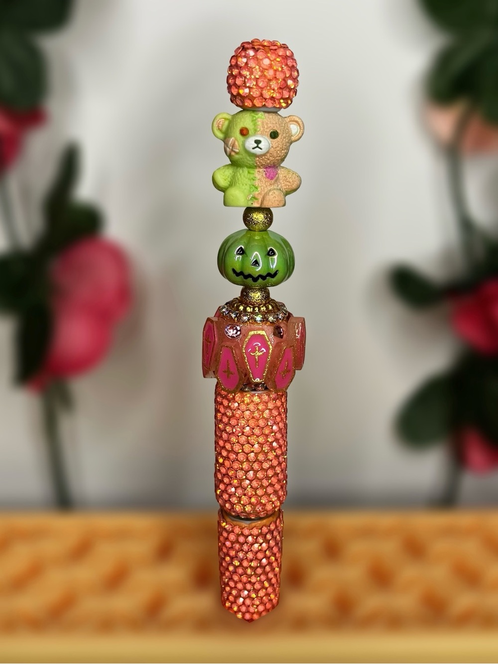 Halloween Handmade Beaded Pen with Bear, Pumpkin, Coffins, and Orange Rhinestone